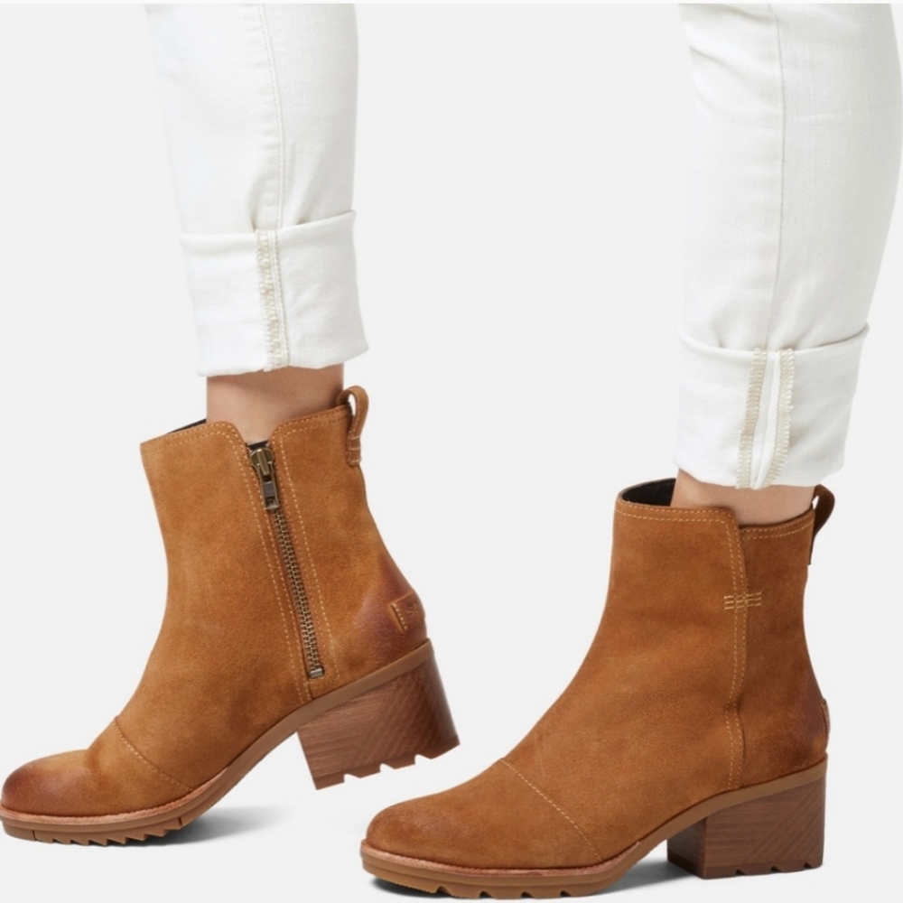 🆕 Sorel Cate Waterproof Tan Suede Block Heel Leather Winter Booties